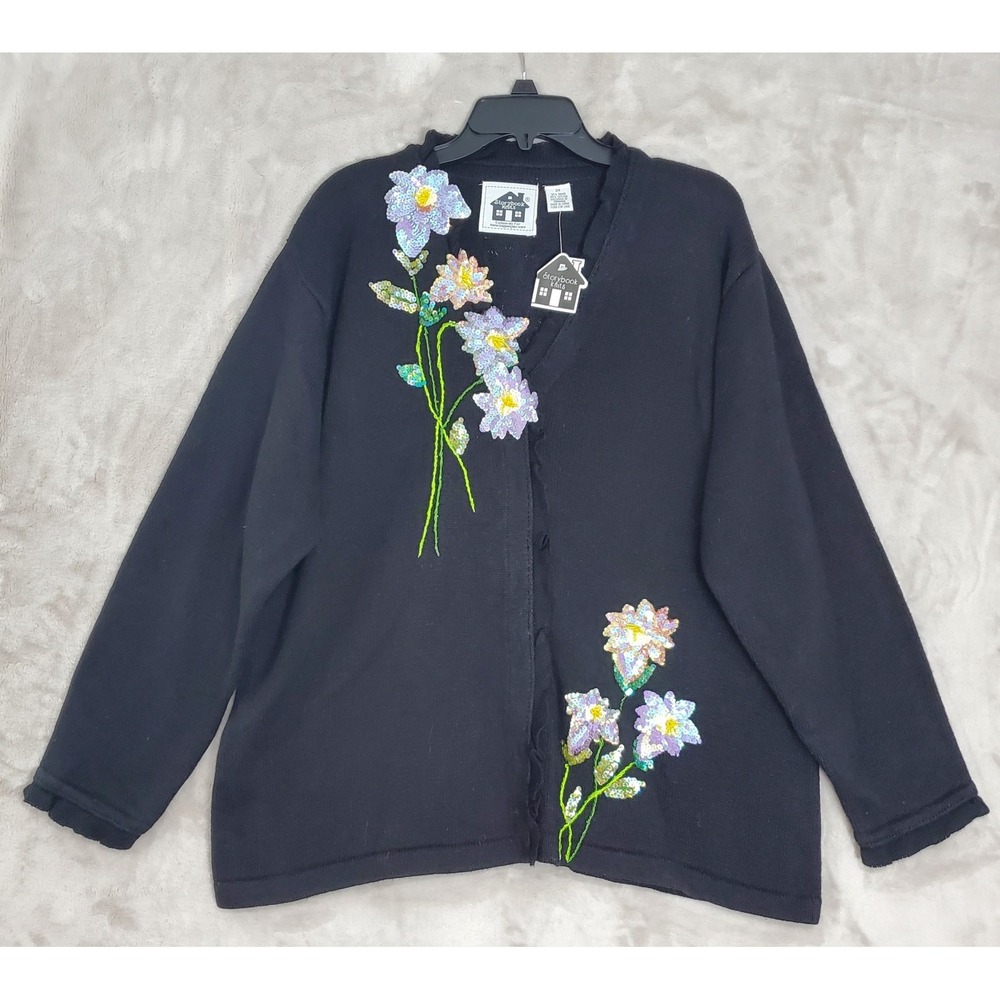 Vtg Storybook Knits Sweater 2XL Brighten Your Morning Black Sequin Flowers NWT